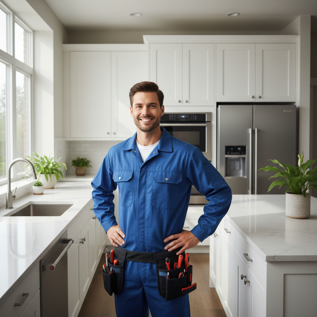 Smiling appliance repair technician standing in a modern bright kitchen