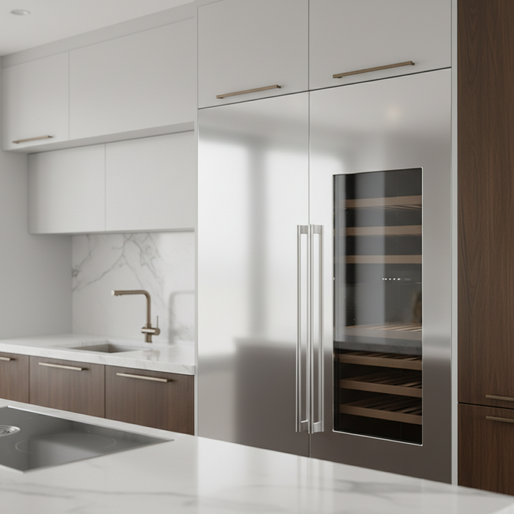 Modern high-end kitchen close-up with built-in refrigerator and wine cooler