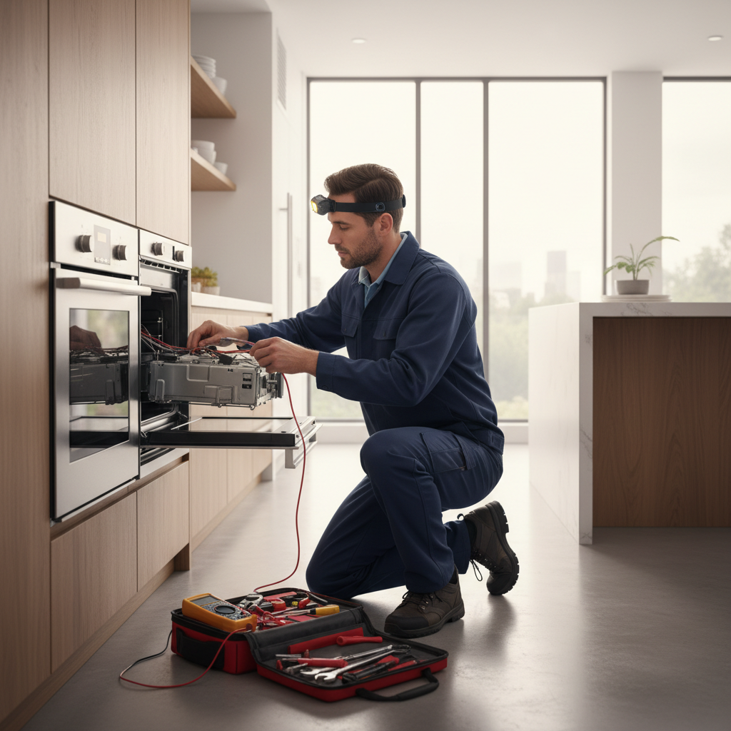 Appliance repair technician repairing a built-in oven